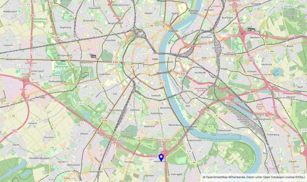 Karte mit Firmensitz Raumgestaltung Breuer Karte von Köln mit Markierung in Köln am Sitz des Malerbetriebs Raumgestaltung Breuer in Rondorf.