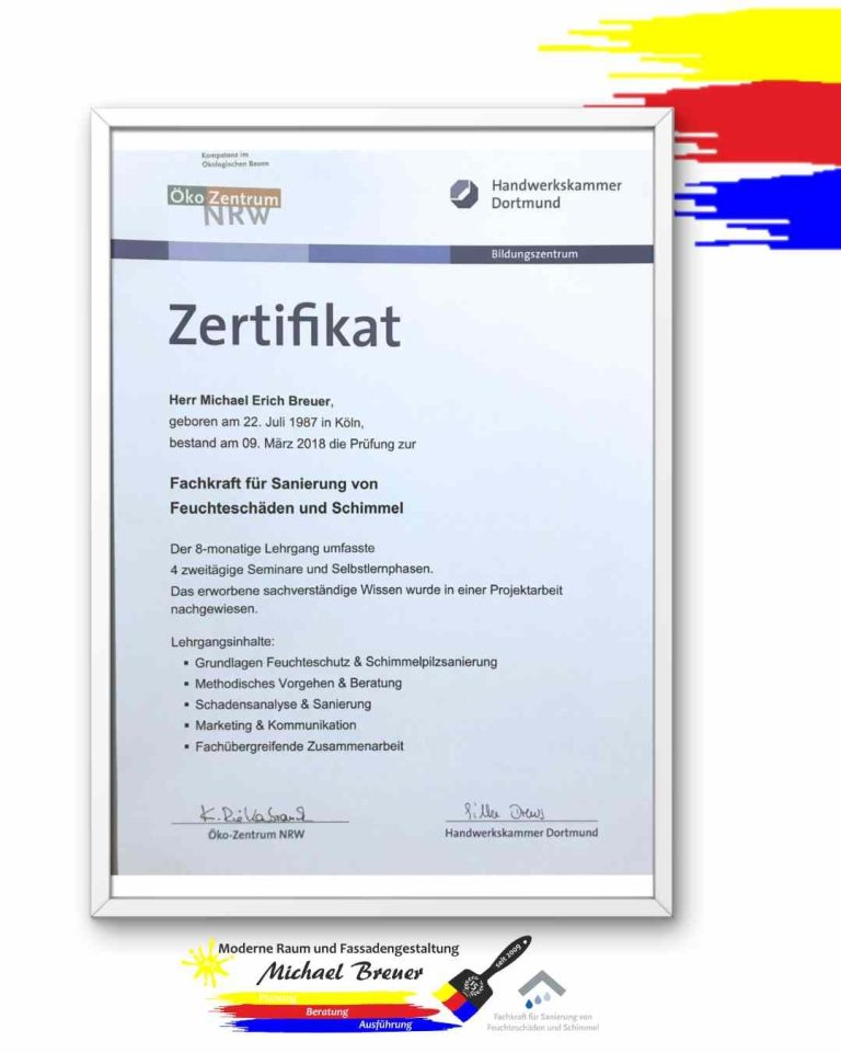 Zertifikat Fachbetrieb Schimmelsanierung Zertifikat mit Informationen zu Qualifikationen als Schimmel-Sanierungs-Fachbetrieb.