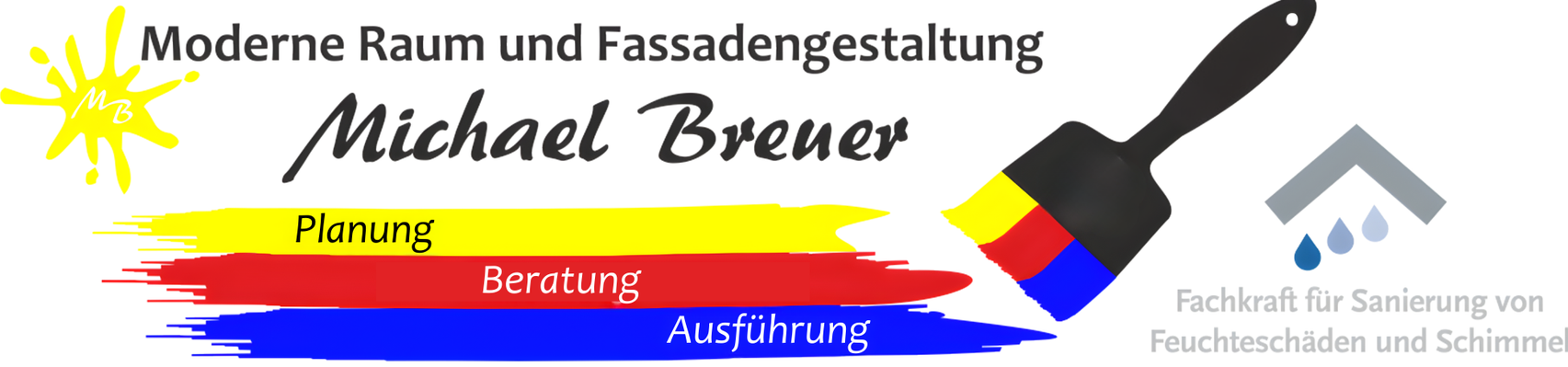 Logo des Malerbetriebs Raumgestaltung Breuer Logo für den Malerbetrieb Raumgestaltung Breuer mit Farben und Pinsel, inklusive Kontaktdaten.