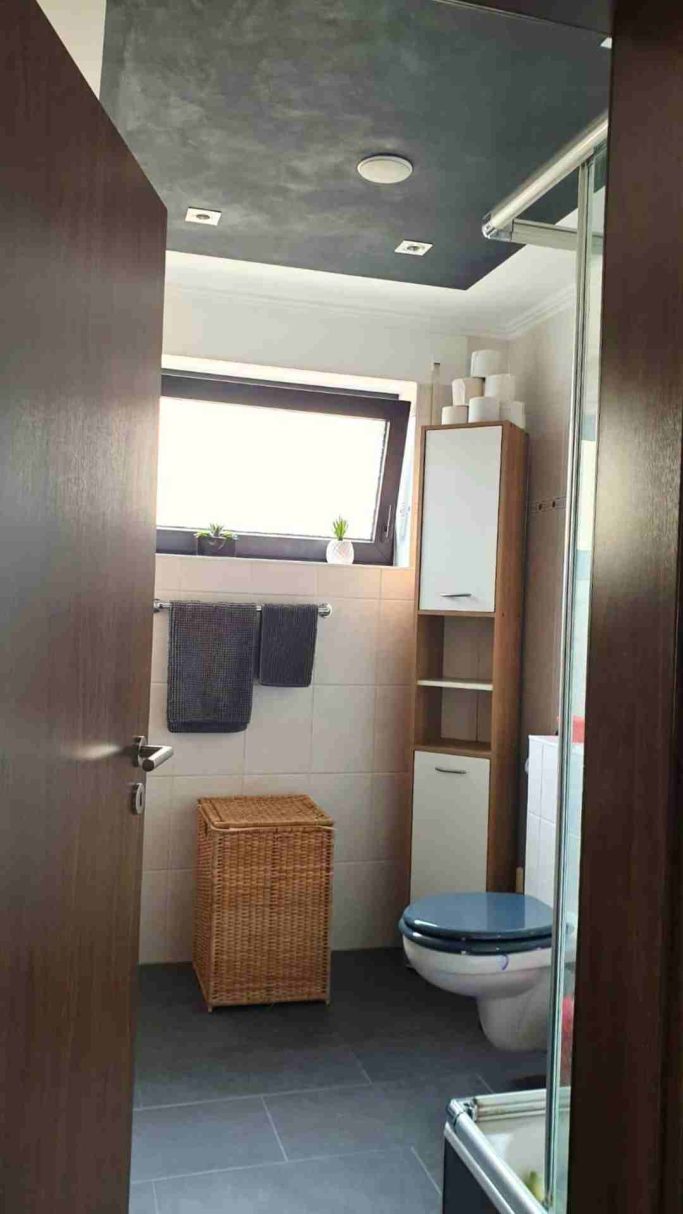 Badezimmer mit WC, Waschbecken und Holzregal, moderne Einrichtung.